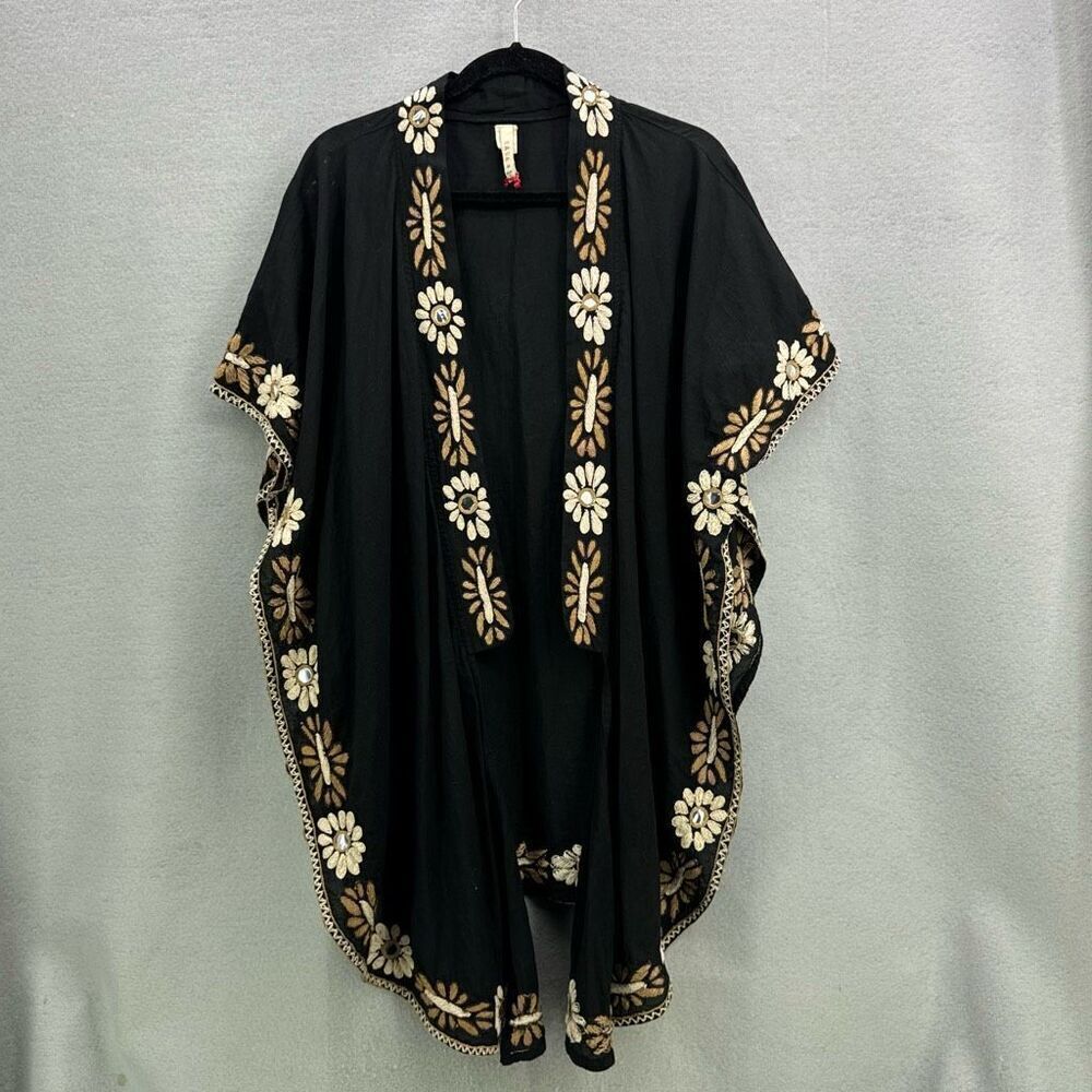 Anthropologie Raga Womens Black Floral Embroidered Open Front Cardigan Kimono Me